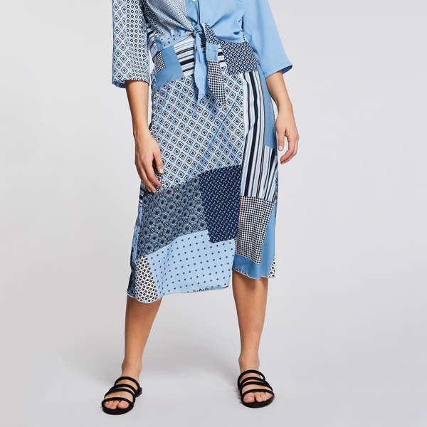 

Elastic Waist Patchwork Print Skirt