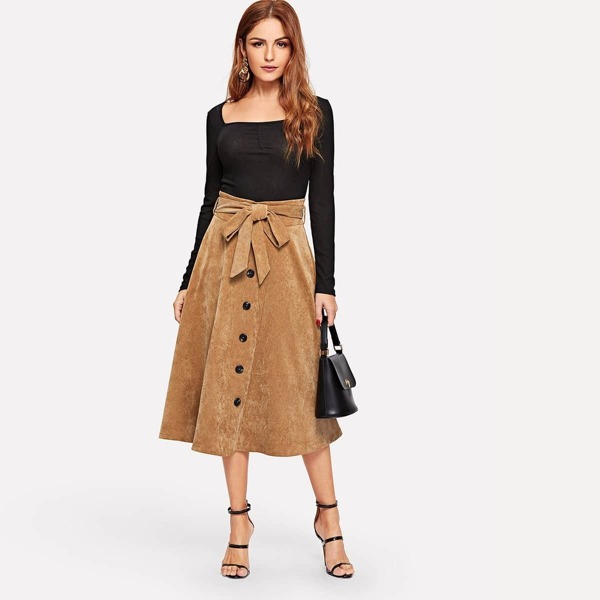 

Button Up Belted Cord Flare Skirt