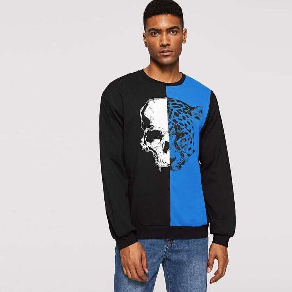 

Men Mixed Print Color Block Pullover