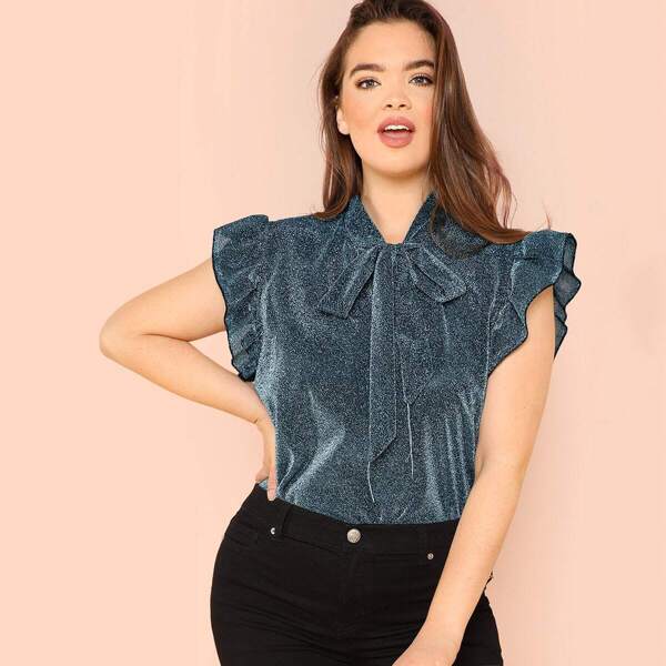 

Plus Tie Neck Ruffle Trim Top