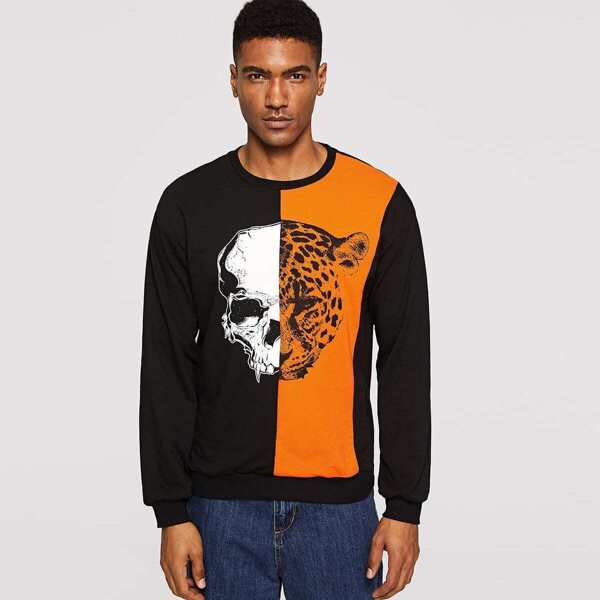 

Men Skull & Leopard Print Color Block Pullover