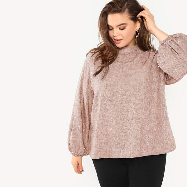 Plus Pearl Beaded Bishop Sleeve Marled Knit Blouse