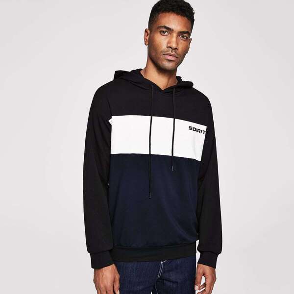 

Men Letter Print Cut-and-sew Drawstring Hoodie