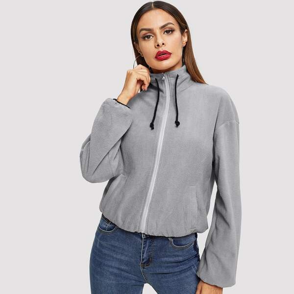

Drawstring Collar Contrast Trim Teddy Jacket