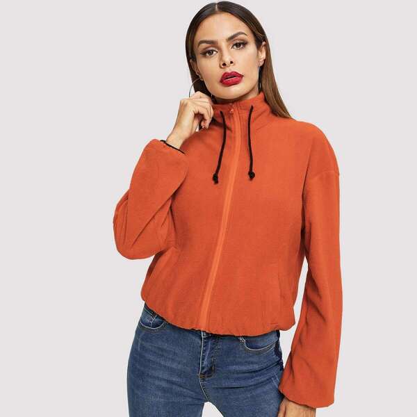 

Drawstring High Neck Zip Up Teddy Jacket