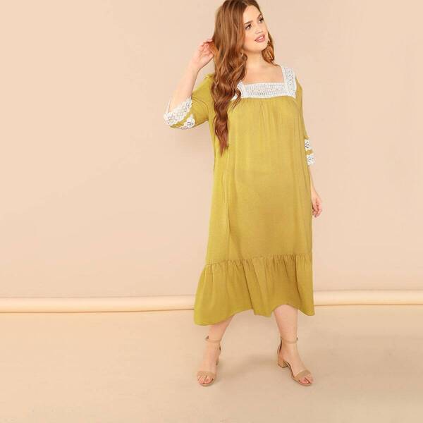 

Plus Square Neck Lace Contrast Ruffle Hem Night Dress, Yellow