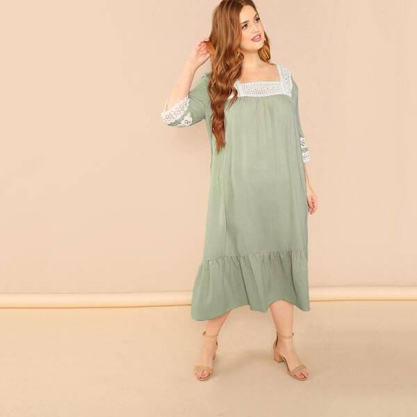 

Plus Lace Insert Square Neck Flounce Nightdress, Green