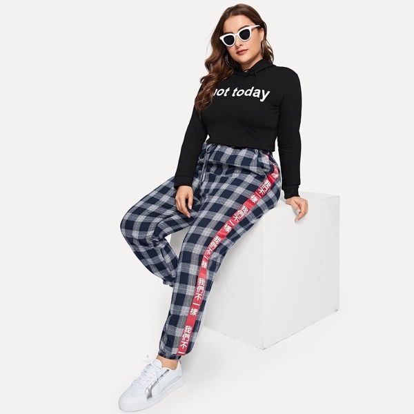 

Plus Chinese Character Tape Detail Plaid Pants