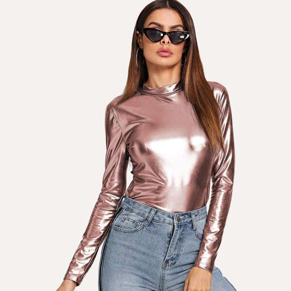 

Mock Neck Metallic Tee