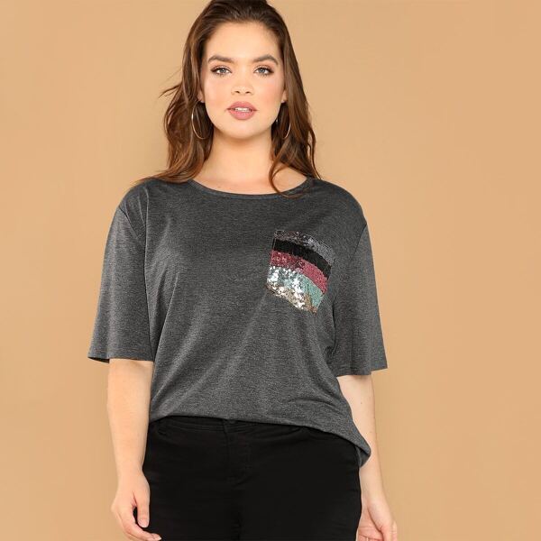 

Plus Sequin Pocket Front Heather Knit Tee, Grey
