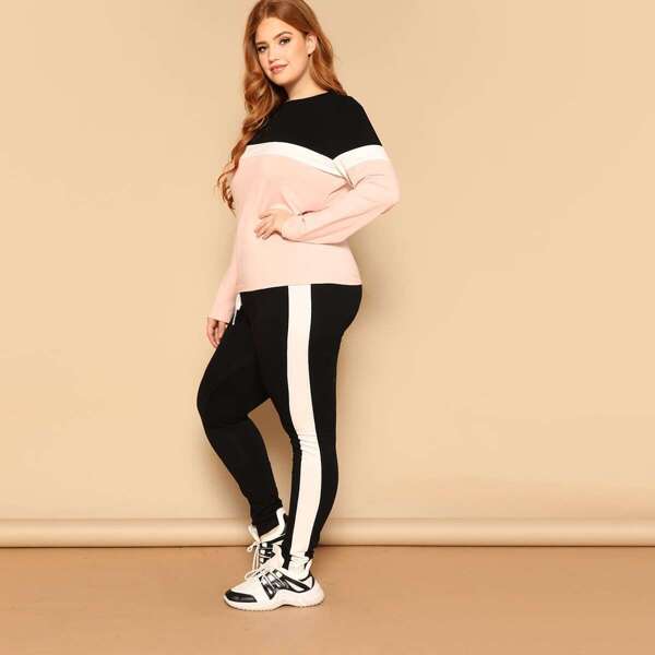 

Plus Color Block Top & Drawstring Waist Pants Set