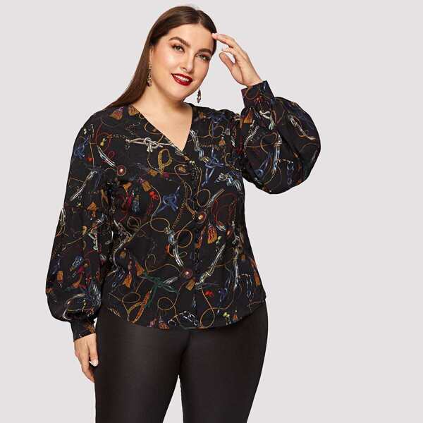

Plus Bishop Sleeve Chain Print Blouse