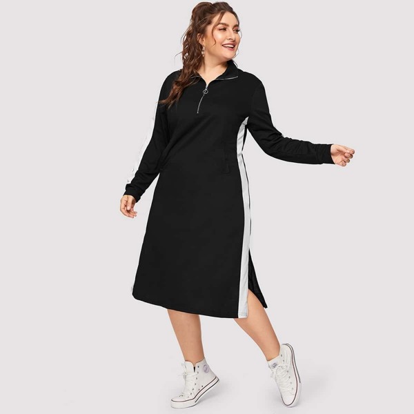 

Plus Contrast Panel Half Placket Slit Dress