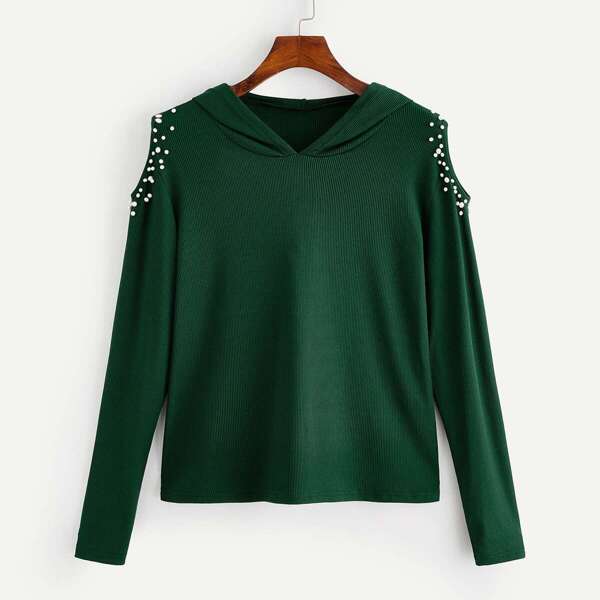 

Pearl Beaded Cutout Shoulder Ripped Hoodie