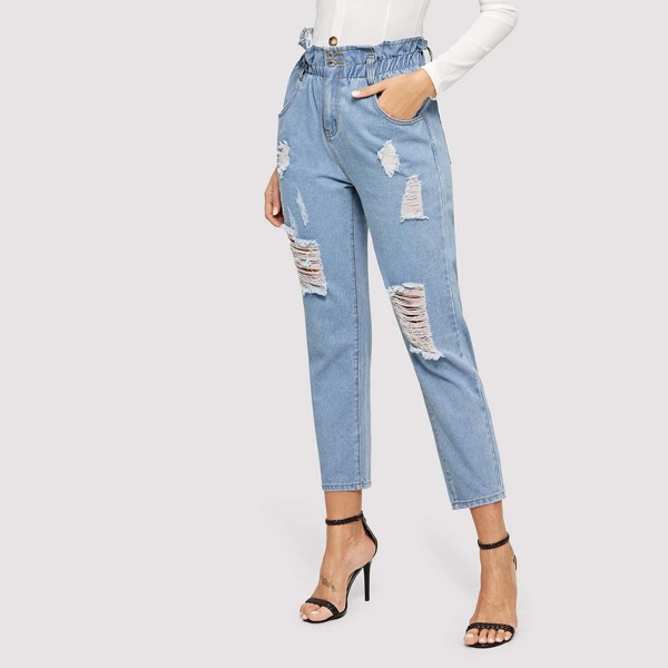 

Paperbag Waist Ripped Detail Cropped Mom Jeans