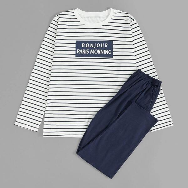 

Men Letter Print Striped Pajama Set