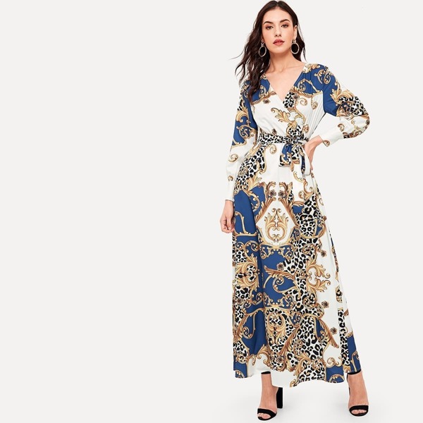 

Mixed Print Wrap Front Belted Hijab Long Dress