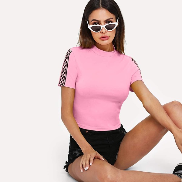 

Mock Neck Plaid Print Sleeve Crop Top