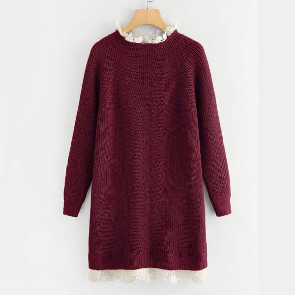 

Plus Guipure Lace Trim Raglan Sleeve Sweater Dress