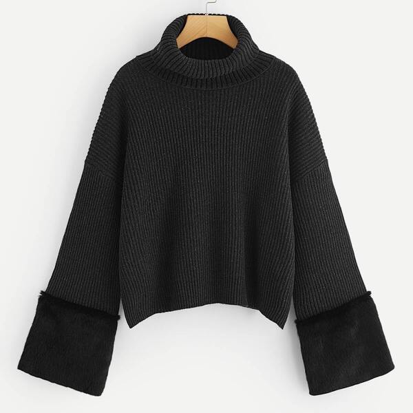 

Plus Turtle Neck Faux Fur Detail Bell Sleeve Jumper