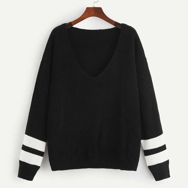 

Plus V-neck Drop Shoulder Striped Jumper