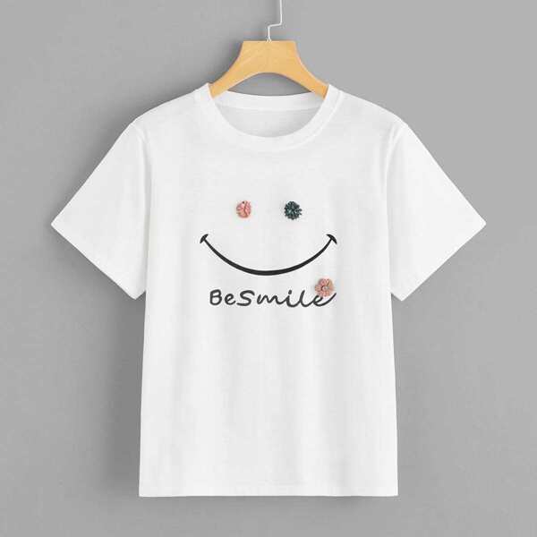 

Letter Print Stereo Flowers Tee