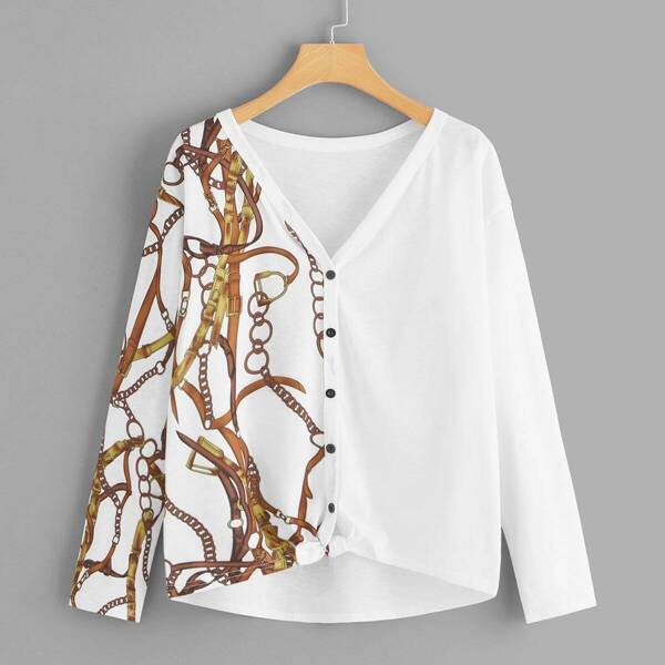 

Chain Print Button Through Tee, White