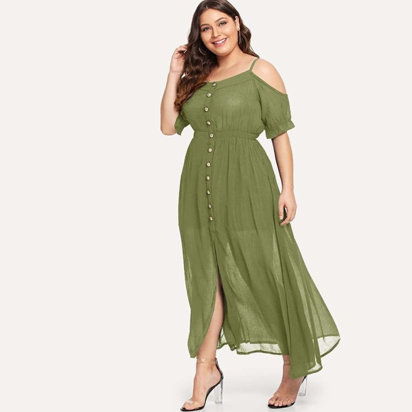 

Plus Open Shoulder Single Breasted Dress, Green