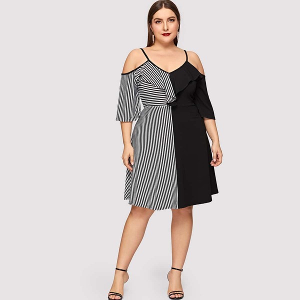 

Plus Striped Panel Ruffle Dress, Black and white