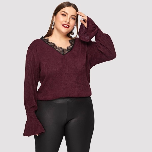 

Plus Contrast Lace V-neck Sweater, Burgundy