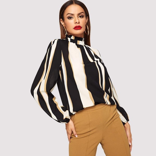 

Frilled Neck Curved Hem Striped Blouse