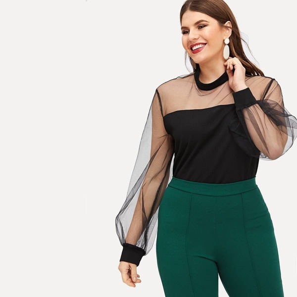 

Plus Mesh Yoke Balloon Sleeve Top