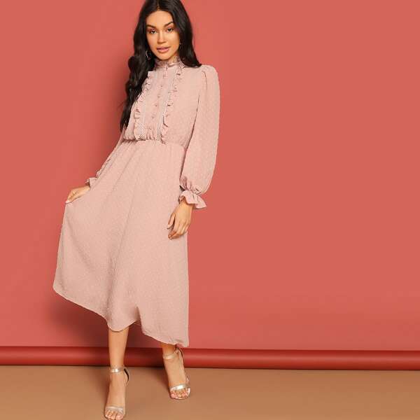 

Frill Jabot Button Detail Dot Jacquard Dress, Pink