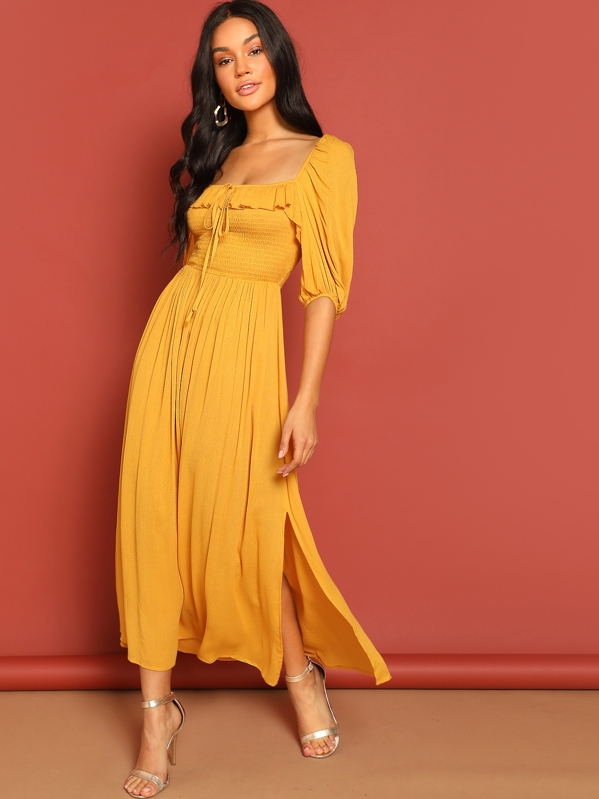 

Tied Ruffle Neck Smocked Split Maxi Dress, Yellow, Juliette