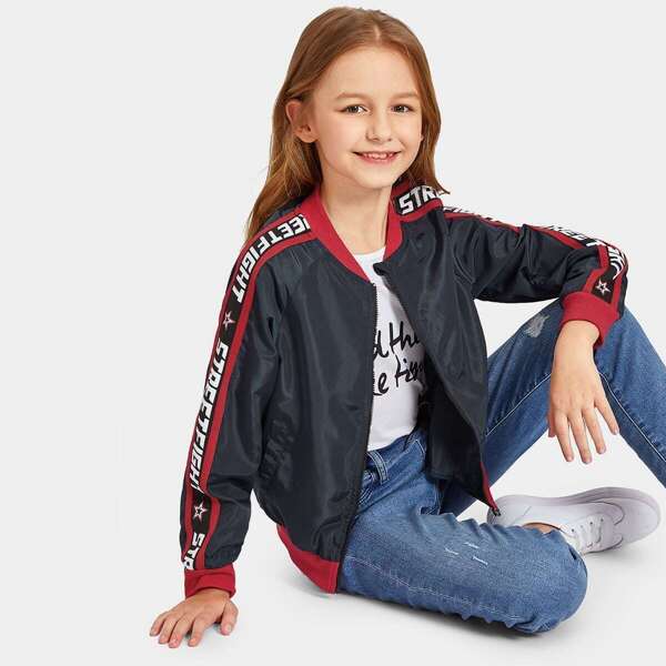 

Girls Lettering Tape Detail Bomber Jacket, Navy