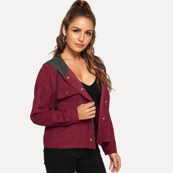 

Flap Pocket Front Corduroy Jacket With Contrast Hood