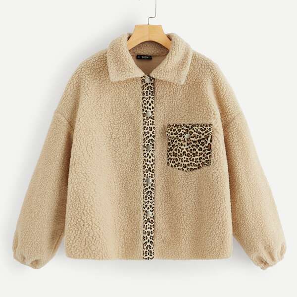 

Leopard Placket & Pocket Detail Teddy Jacket