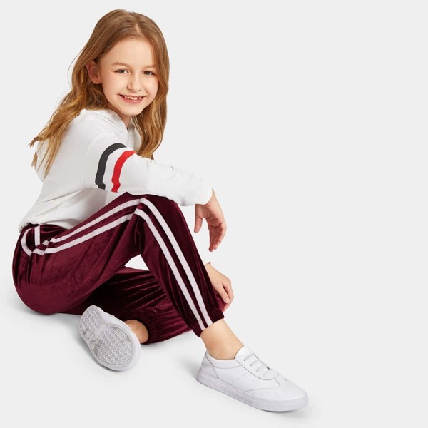 

Женские бархатные брюки с полосатой отделкой, Бургундия