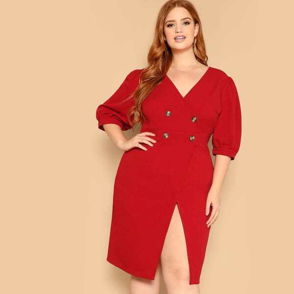 

Plus Wrap Double Breasted Puff Sleeve Split Dress