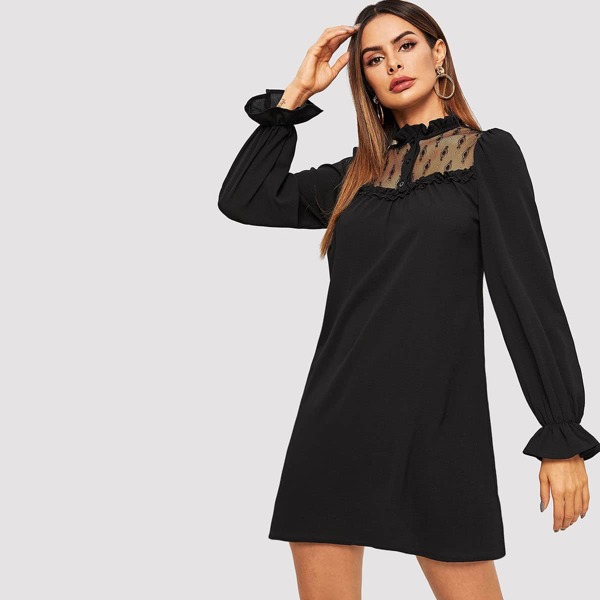 

Frill Trim Buttoned Lace Neck Tunic Dress
