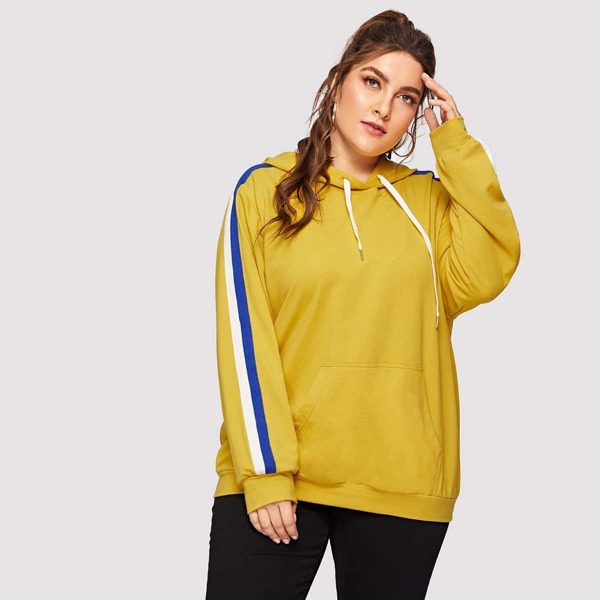 

Plus Drawstring Striped Hoodie