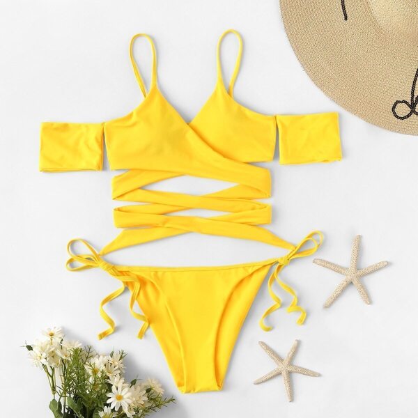 

Neon Yellow Wrap Short Sleeve Bardot Bikini Set