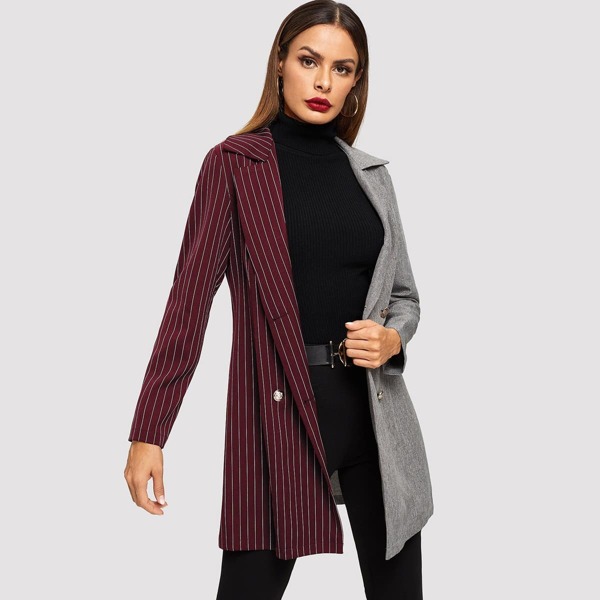 

Double Breasted Color-block Striped Coat