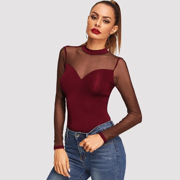 

Mesh Yoke Sweetheart Keyhole Back Fitted Tee