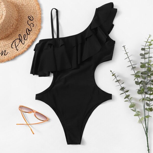 

Asymmetrical One Shoulder Flounce Cut-out One Piece Swimwear, Black