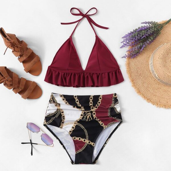 

Ruffle Top With Random Chain Print Ruched Bikini, Multicolor