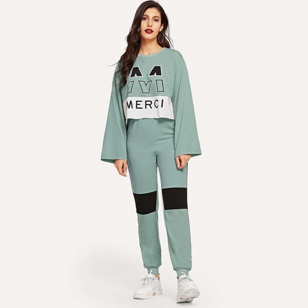 

Letter Print Colorblock Top and Sweatpants Set