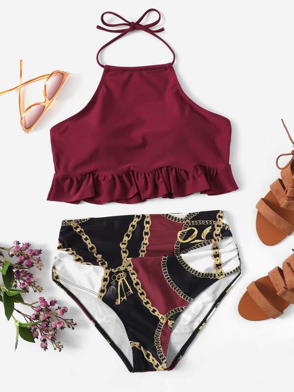

Ruffle Top With Random Chain Print Ruched Bikini, Multicolor