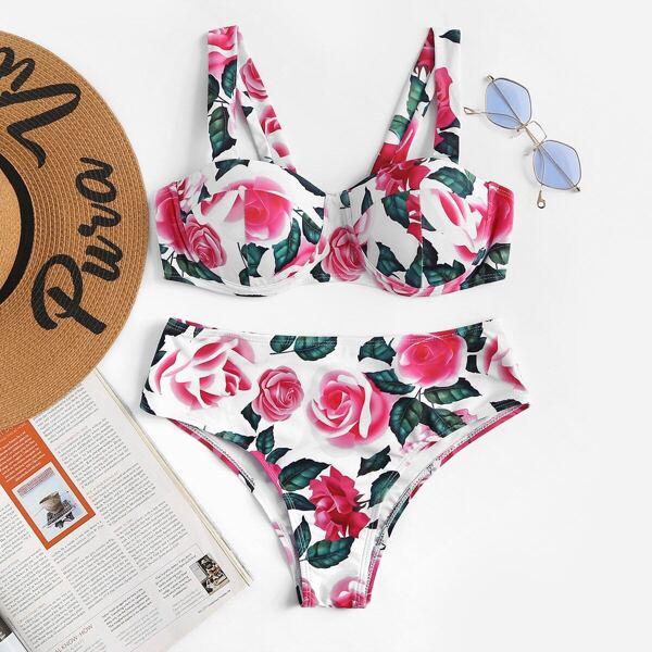 

Random Floral Underwire Top With High Waist Bikini, Multicolor