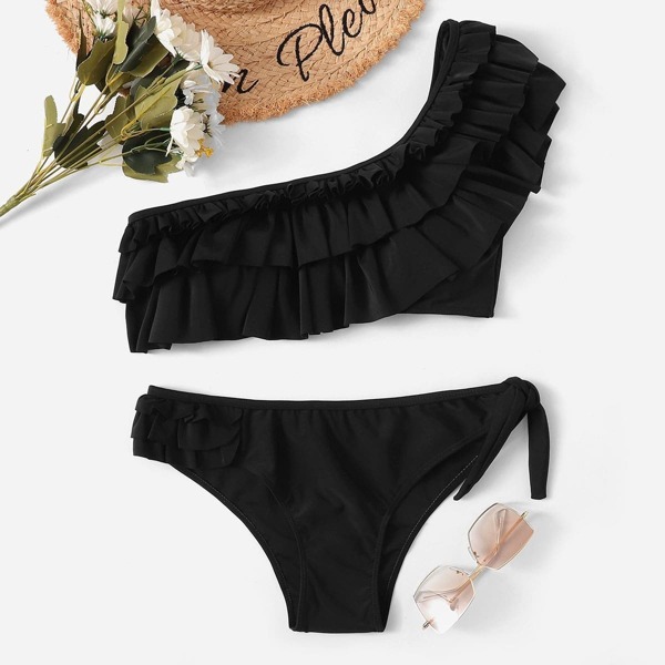 

Ruffle One Shoulder Top With Tie Side Bikini, Black